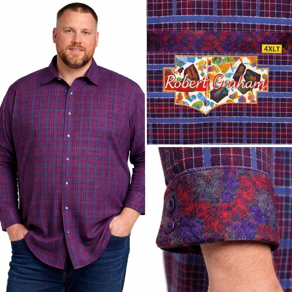 Robert Graham Dress Shirt Mens Purple Blue Check 4XL Tall Contrasting Cuffs